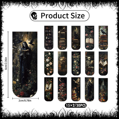 30PCS Dark Academia Magnetic Bookmarks Set, Aesthetic Gothic Skull Cat Rose Owl Book Mark Clips, Vintage Witchy Dark Romance Accessories for Women Men Students Book Lovers, 0.7×2.6in
