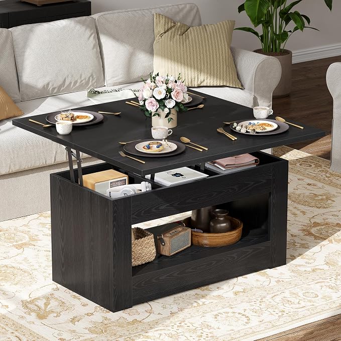UNIQUITE 40" Lift Top Coffee Table, 4 in 1 Multi-Function Lift Coffee Tables with Storage and Hidden Compartment, Convertible Coffee Table to Dining Table for Living Room, Black