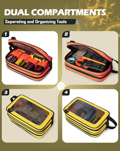 Marscamd 2 Pack Tool Pouch with Dual Compartments, 12” Tool Bag with Detachable Shoulder Strap, Carry Handle and Translucent Window, Orange-red/Yellow