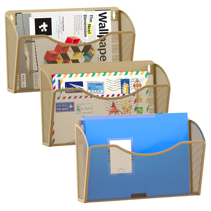 EasyPAG Wall File Organizer 3 Pack, Hanging File Organizer Wall Mount, Metal Mesh Folder Holder for Letter/A4 Papers, Mail Sorter for Office, Classroom, Home, Gold