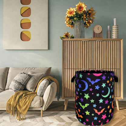 Colorful Bats Laundry Hamper Moon Stars Laundry Basket With Handles Foldable Oxford Cloth Goth Style Funny Tote Bag Clothes Toy Storage Bucket 18.9" x 16.5" For Bathroom/Laundry/Bedroom