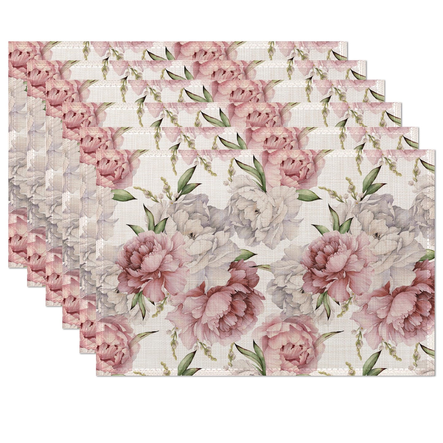 Placemats,Pink White Peony Flower Placemats 12x18 Inch Waterproof Non-Slip Washable Table Mats for Kitchen Dining Party Table Decor,Set of 6