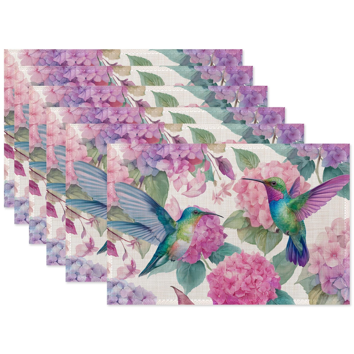 Hummingbird Placemat Set of 6,Flower Floral Heat Resistant Linen Table Mats for Indoor Outdoor Home Kitchen Dining Room Table 12x18Inch