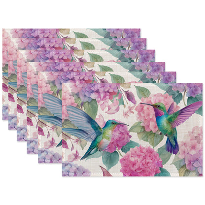 Hummingbird Placemat Set of 6,Flower Floral Heat Resistant Linen Table Mats for Indoor Outdoor Home Kitchen Dining Room Table 12x18Inch