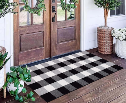 Buffalo Plaid Front Porch Rug 24''x 51''Black and White Checkered Outdoor Rug Cotton Machine Washable Farmhouse Mat for Outdoor, Kitchen, Farmhouse, Entryway,Bathroom