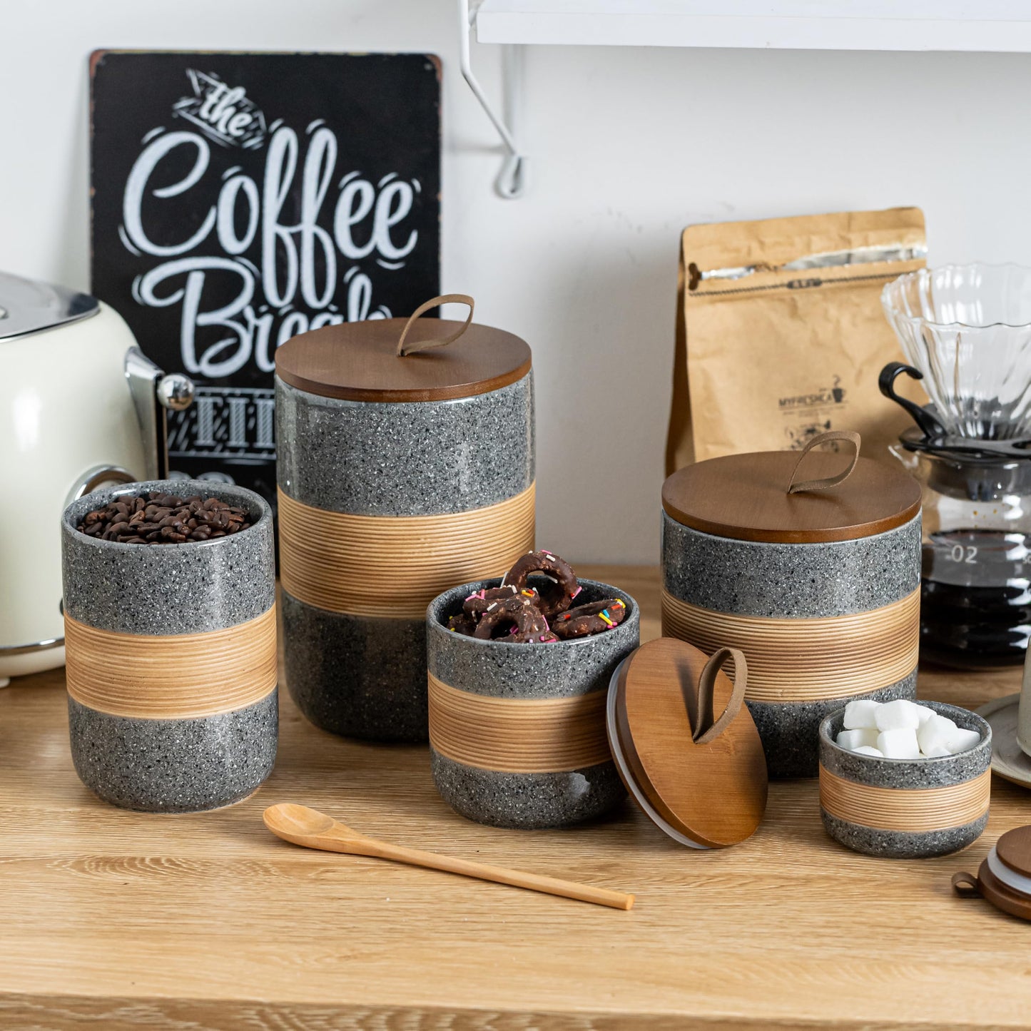 Miamolo Large Storage Containers with Lids, Ceramic Coffee Container Kitchen Food Storage Cookie Jars with Airtight Lid for Spice Sugar Tea Bag, Stackable Decorative Jars for Counter, Grey & 61 fl.oz