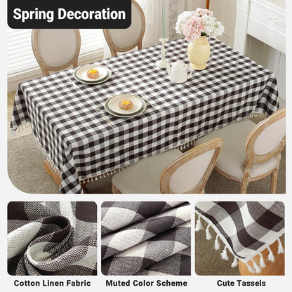 Laolitou Checkered Tablecloth Rectangle Washable Halloween Buffalo Plaid Table Cloth with Tassel Cotton Linen Gingham Table Cover for Picnic Kitchen Dining Room, Black and White, 70 Inch