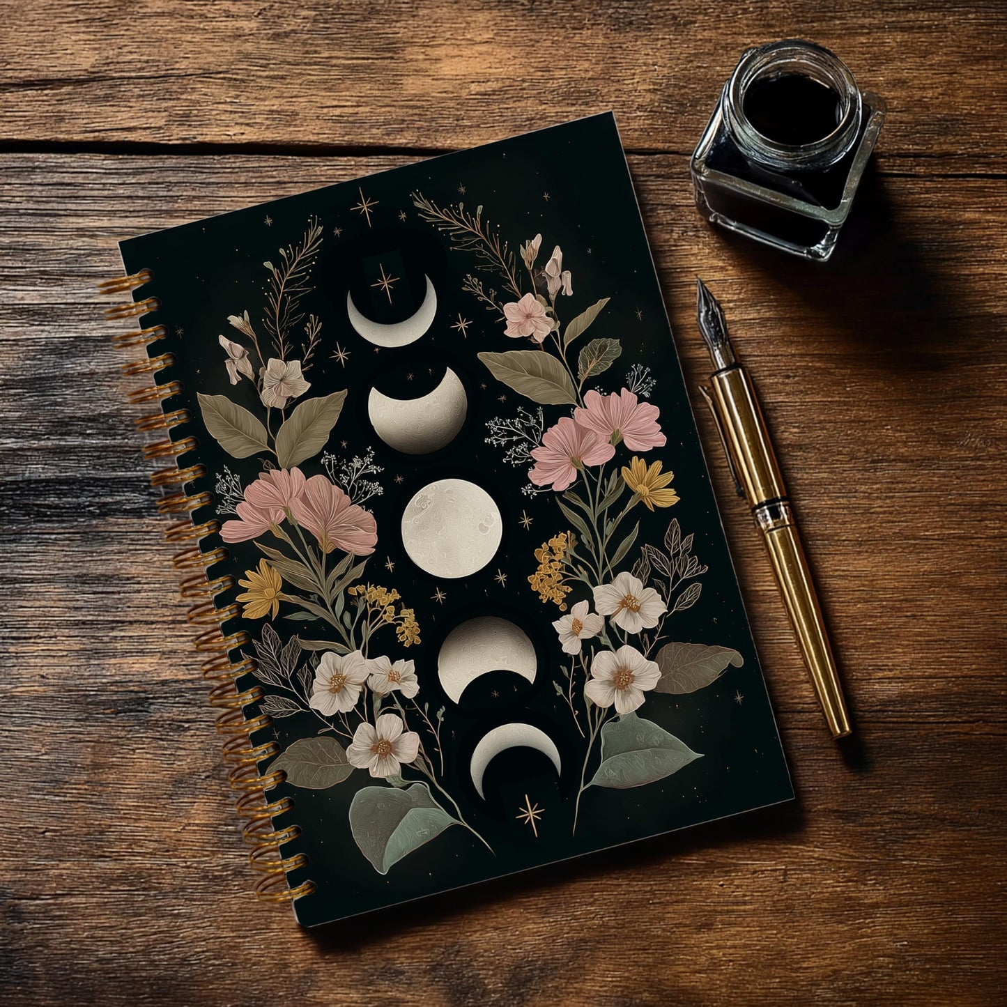 Gothic Notebook Journal for Women - A5 Spiral Notebook with Dark Academia, Flowers Design, Vintage Witchy Journal, Gothic Office & School Supplies, Unique Gifts for Women Birthday, Christmas (Moon)