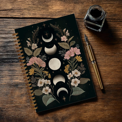 Gothic Notebook Journal for Women - A5 Spiral Notebook with Dark Academia, Flowers Design, Vintage Witchy Journal, Gothic Office & School Supplies, Unique Gifts for Women Birthday, Christmas (Moon)