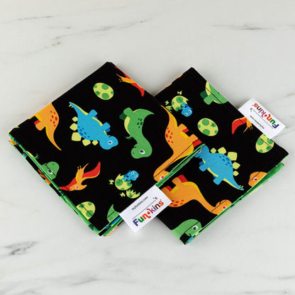 Funkins Reusable Cloth Napkins for Kids | 12”x12”, 2-Ply, Thick, Absorbent, Durable | Machine Washable | Name Tag | Soft Cotton Fabric | Set of 2 Napkins (Black Dinosaurs)