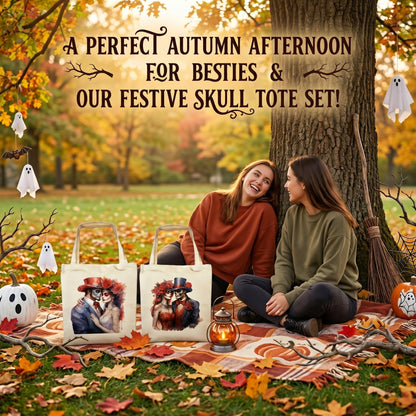 Fall Halloween Tote Bags 2Pcs, Cotton Blend Canvas Tote with Pumpkin Ghost Witch Prints, Reusable Shoulder Bags for Thanksgiving Party Trick or Treat Gift (ghostly lovers)