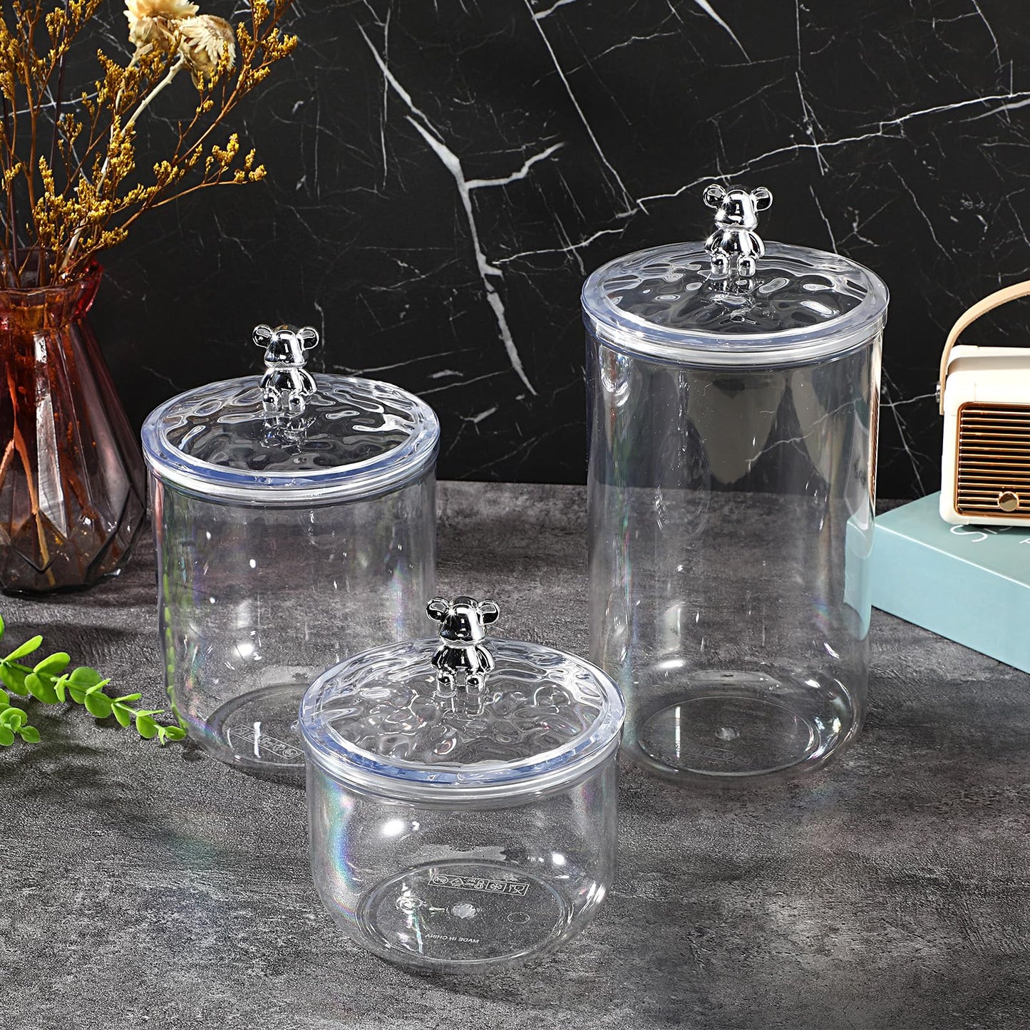 Ckhoid 3PCS Clear Candy Jars With Lid, Plastic Storage Jar Canister with Airtight Lid, Decorative Cookie Container for Snacks Buffet Wedding Home Bar Décor, Pantry Food Organizer Container 30/47/68 Oz