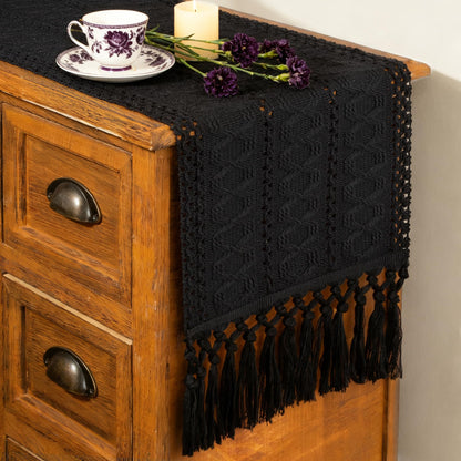 FEXIA Black Table Runner for Summer Home Decor with Tassels 90 Inches Long Farmhouse Rustic Black Halloween Table Runner Macrame Gothic Burlap Table Decoration for Living Room (12x90 Inches)