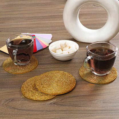 Handmade Beaded Bar Drink Tabletop Protection Coasters - Set of 4 - Halloween Harvest Autumn Fall Thanksgiving Holiday Christmas Celebration Festive Party 4" Round - Solid Gold