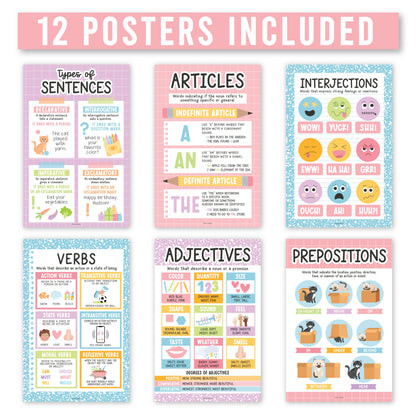 Parts of Speech Posters for Classroom Must Haves - 12 English Grammar Posters, Writing Process Language Arts for Homeschool, Elementary & Middle School, ELA 3rd 4th & 5th Grade Pastel Classroom Decor
