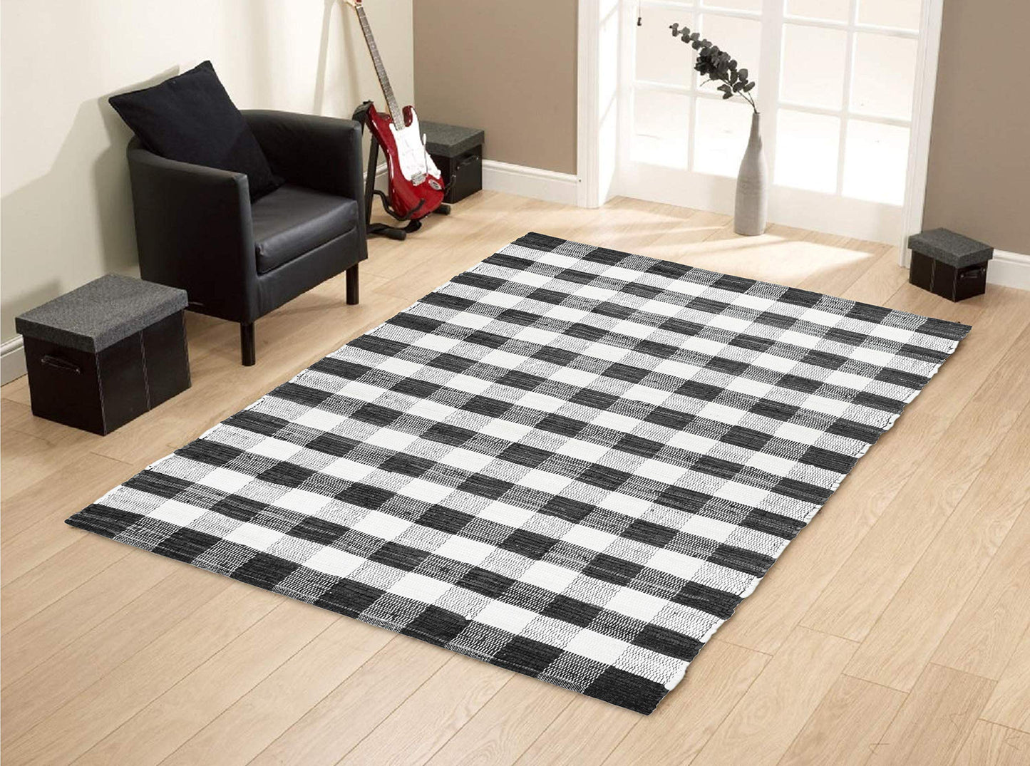 GLAMBURG Cotton Reversible Area Rug 3' x 5' Farmhouse Floor Mat, Handwoven Washable Carpet Checkered Plaid Rug for Front Porch Living Room Kitchen Bedroom - Black White