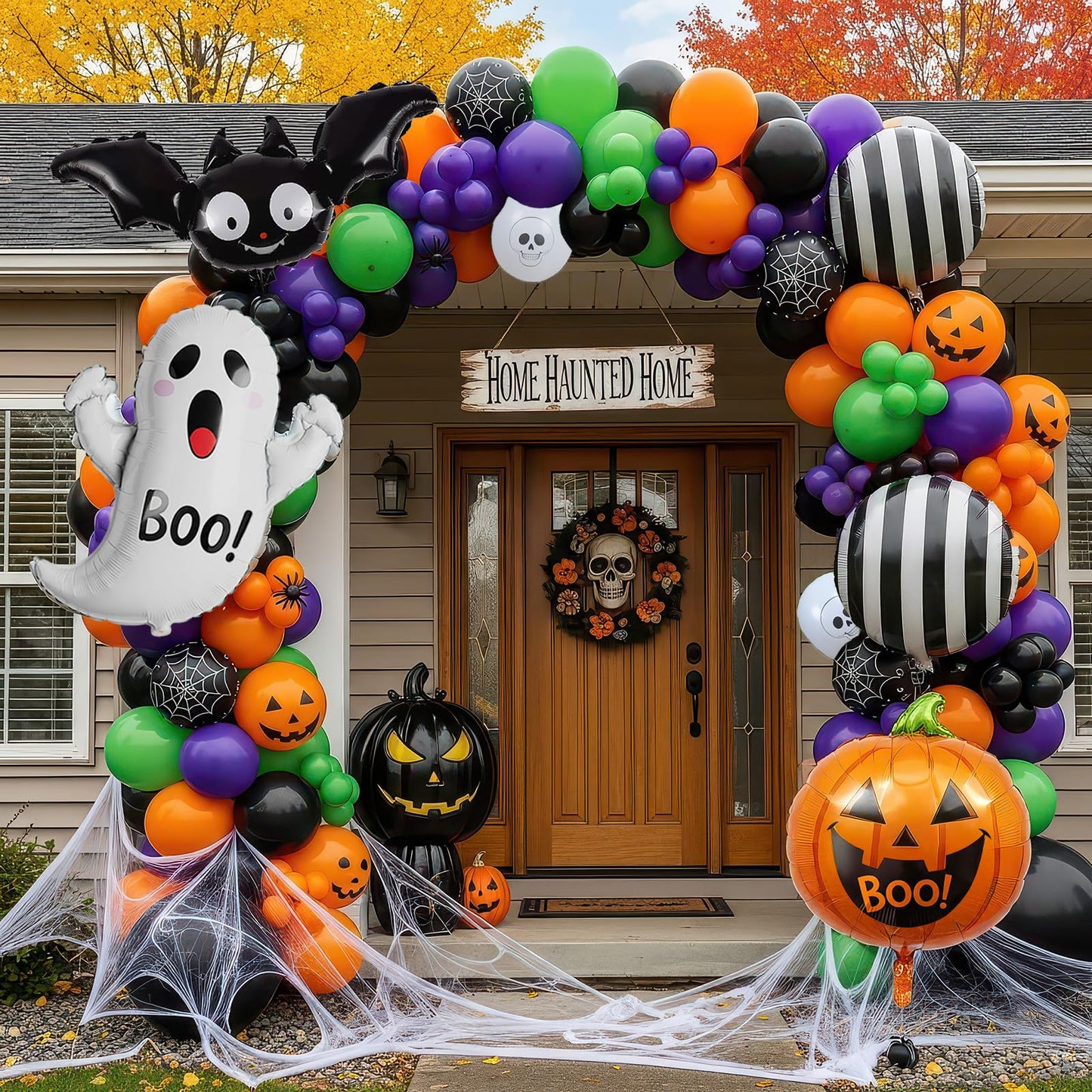 Halloween Party Decorations with Orange Black Green Purple Garland Balloon arch & Spider Web Bat Ghost Pumpkin Stripes Foil Balloons for one spooky dude 1st Horror Night Birthday Supplies