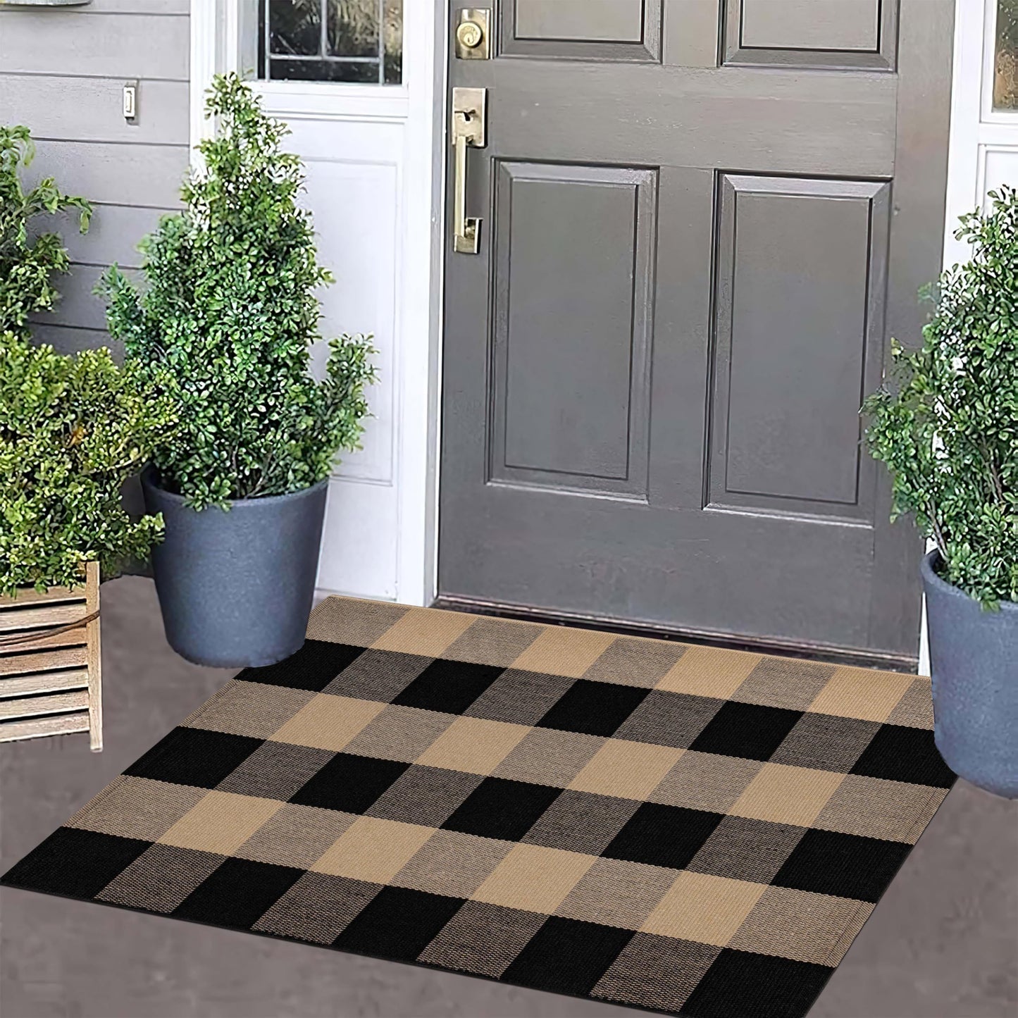 Checkered Front Door Mat Outdoor 24''x35''Buffalo Plaid Outdoor Rug Cotton Washable Layered Doormat for Bedroom,Bathroom,Farmhouse,Entryway,Home Entrance