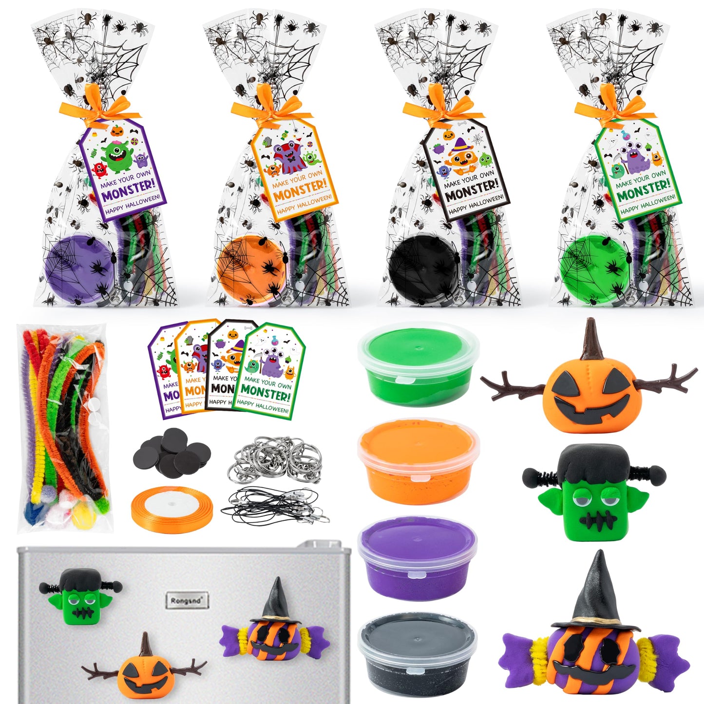 Haooryx Halloween Air Dry Clay Craft Kit - 16 Packs Cute Monster Pumpkin DIY Magnet Keychain Ornament Art Craft Bulk with Gift Bag for Classroom Exchange Gift Student Reward Halloween Party Favors