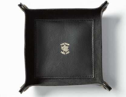 USA Handmade Premium Leather Valet Tray, Folds Flat! Dice Rolling Basket and Organizer with Brass Snaps - for Keys, Jewelry, Coin, EDC, Watch Storage Caddy - Black Medium