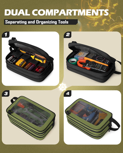 Marscamd 2 Pack Tool Pouch with Dual Compartments, 12” Tool Bag with Detachable Shoulder Strap, Carry Handle and Translucent Window, Black/Green