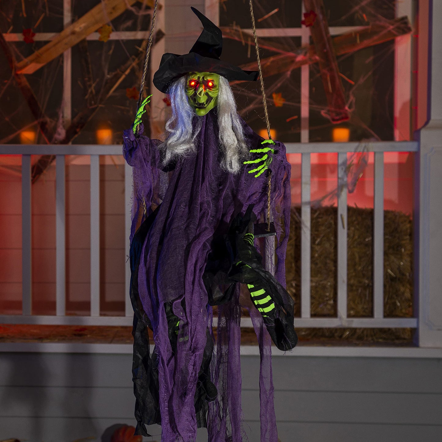 JOYIN 2 Pcs Halloween Hanging Swinging Ghosts Decorations Outdoor, Witch and Pumpkin Face with Lighted Up Eyes, Outside for Yard Patio Lawn Garden Party