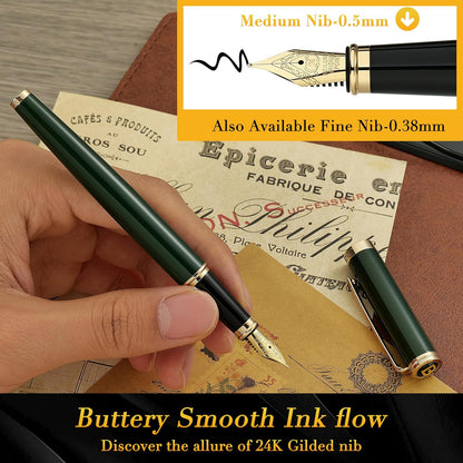 BEILUNER Racing Green Fountain Pen,Stunning Luxury Pens with 24K Gold Finish, Gorgeous 24K Gilded Nib(Medium), Fancy Pen Gift for Men&Women -Ink Converter-Christmas, Office,Fancy,Nice Pen for Writing