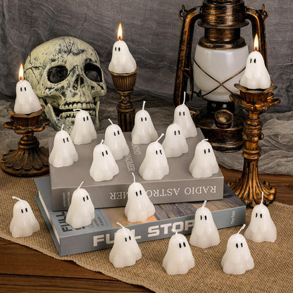 EBaokuup 20 PCS 2'' X 1.6'' Halloween Ghost Candles, Ghost Shaped Decor Candles, Fun Face Spooky Burning Candle for Halloween Party Home and Table Decorations