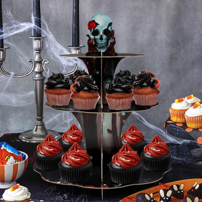 Cheerland Halloween Cupcake Stand Black Red Skeleton Birthday Party Decorations Rose Skull Party Decoration Goth Birthday Decor Spooky Skeleton Gothic Halloween Wedding Decorations