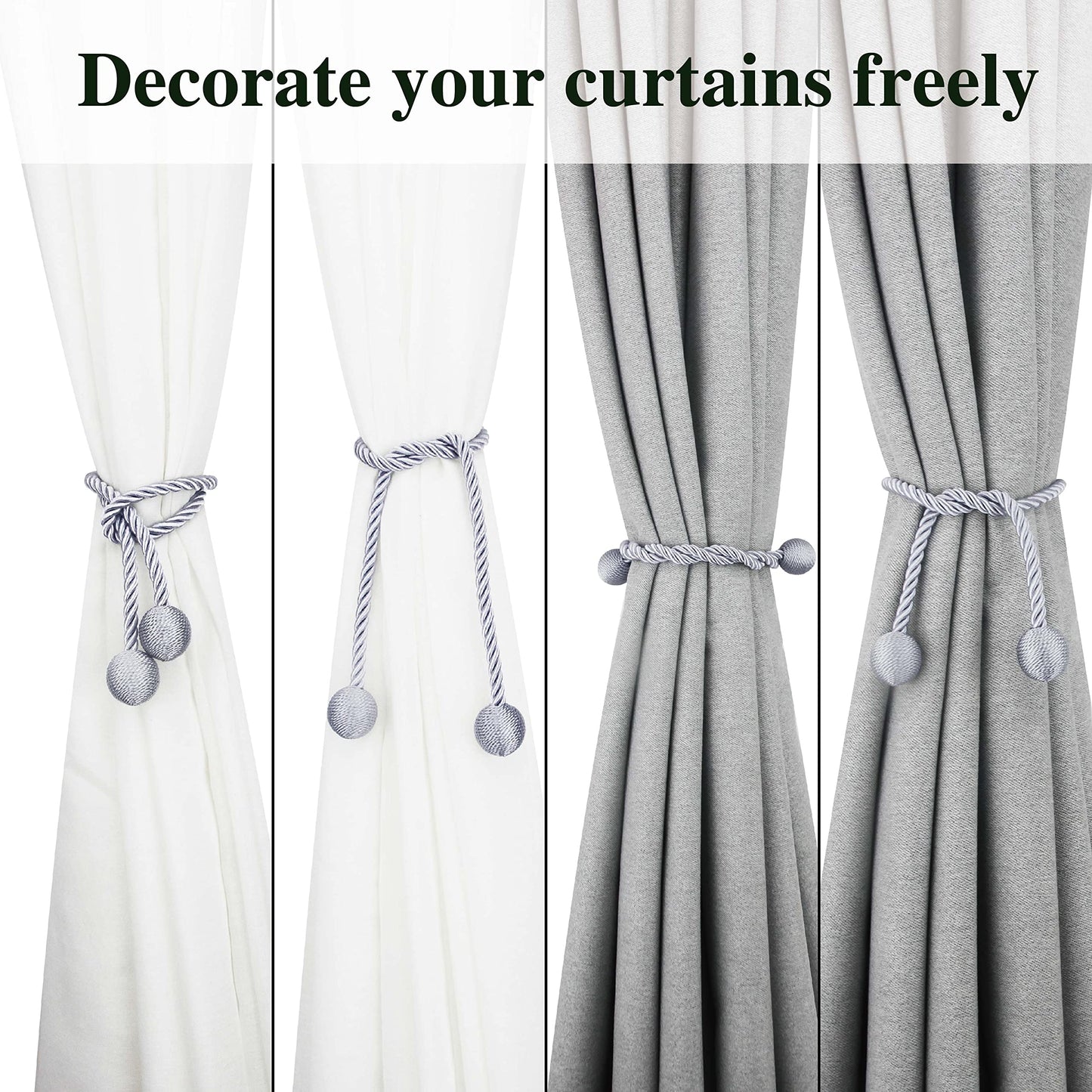 Nieffeiy Curtain Tiebacks Outdoor Elegant Decorative Tie Backs Modern Rope Tiebacks for Drapes Window Curtain Holdbacks for Draperies (Grey, 4)