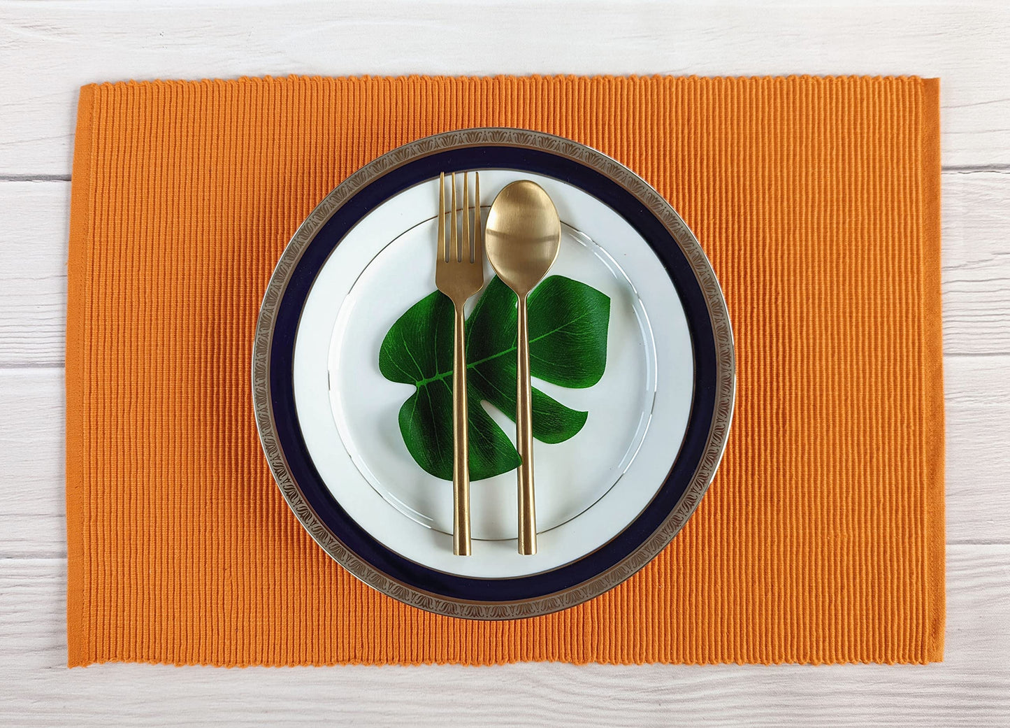 100% Cotton Ribbed Placemats - Set of 4-13 x 19 Inches - Orange - Everyday/Fall/Thanksgiving/Halloween Cloth Table Mats - Thick Construction, Washable Reusable & Place Mats - by AVKA Studio