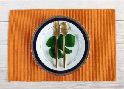 100% Cotton Ribbed Placemats - Set of 4-13 x 19 Inches - Orange - Everyday/Fall/Thanksgiving/Halloween Cloth Table Mats - Thick Construction, Washable Reusable & Place Mats - by AVKA Studio