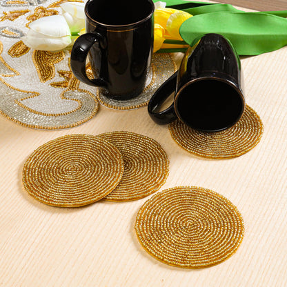 Handmade Beaded Bar Drink Tabletop Protection Coasters - Set of 4 - Halloween Harvest Autumn Fall Thanksgiving Holiday Christmas Celebration Festive Party 4" Round - Solid Gold