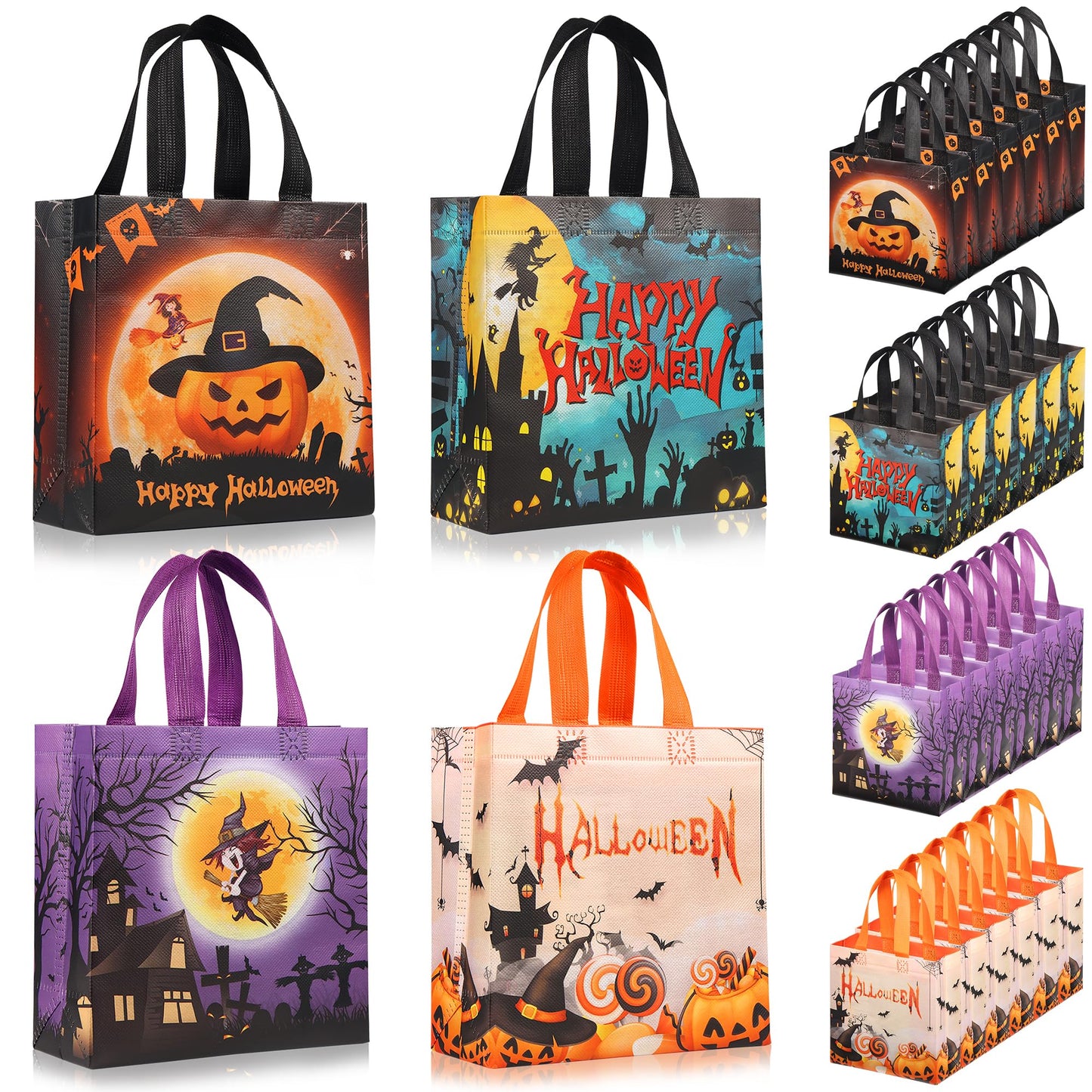 TONESPAC 24 PCS Halloween Trick or Treat Bags, Non-woven Reusable Tote Halloween Candy Gift Bags with Handles for Gift Giving, Party and Trick or Treat (7.9 x 7.9 x 3.15 inch)