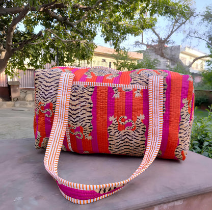 INDACORIFY Indian Cotton Tiger Print Quilted Duffle Bag Large Size Beautiful Print Weekender Bags Handmade Shoulder Travel Overnight Bag