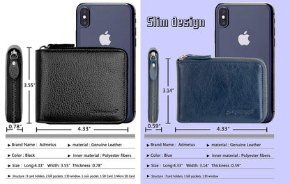 Admetus Men's Zipper Wallet Leather Bifold Wallets Slim RFID Blocking Zip Around Credit Card Holder Compact Small Wallet 2Navy Blue
