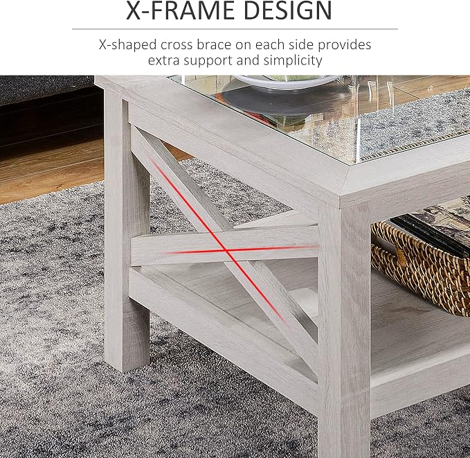 HOMCOM Farmhouse Style Coffee Table with Wood Frame, Tempered Glass Tabletop and Underneath Storage Shelf, Side Table for Living Room, 39.25"x21.75", White Oak