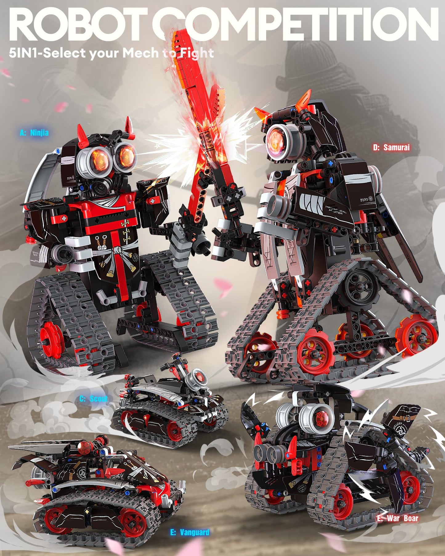 Opmind 5 in 1 STEM RC Robot Building Kit, APP & Remote Control Samurai/Ninja Blocks 443 Pcs, Erector Set RC Toy for Kids, DIY Build Science Educational Gift for Age 6 7 8 9 10 11 12+ Boys & Girls