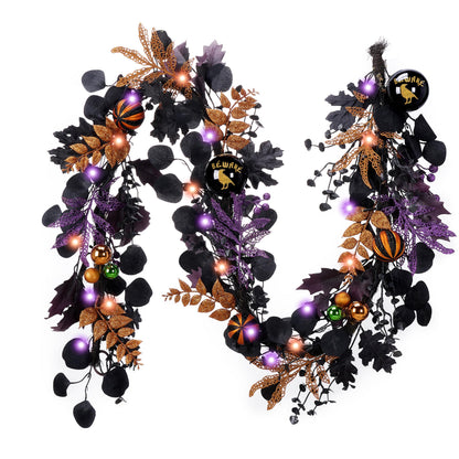 Valery Madelyn Halloween Garland for Mantel with Lights, 6 Feet Pre-Lit Jack-o'-Lantern Pumpkins and Ball Garland Decorations for Table Centerpiece Mantle Indoor Stair Home Decor