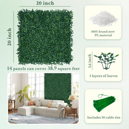 ODTORY Artificial Boxwood Wall Panels 20x20 inch 14Pcs, UV-Anti Faux Greenery Grass Hedge for Privacy Screen，Fake Ivy Plant Fence for Outdoor Garden, Backyard, Balcony, and Indoor Home Decoration