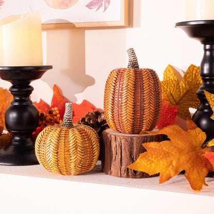 Valery Madelyn Thanksgiving Fall Decoration for Home Pumpkin Decor, 2pcs Resin Statue Artificial Rattan Pumpkins Figurine, Autumn Harvest Halloween Table Centerpieces, 6.2 inch