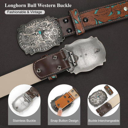 XZQTIVE Women Men Genuine Leather Belt Vintage Ladies Western Belt Engraved Tooled Leather Belt Cowboy Cowgirl Country Belt