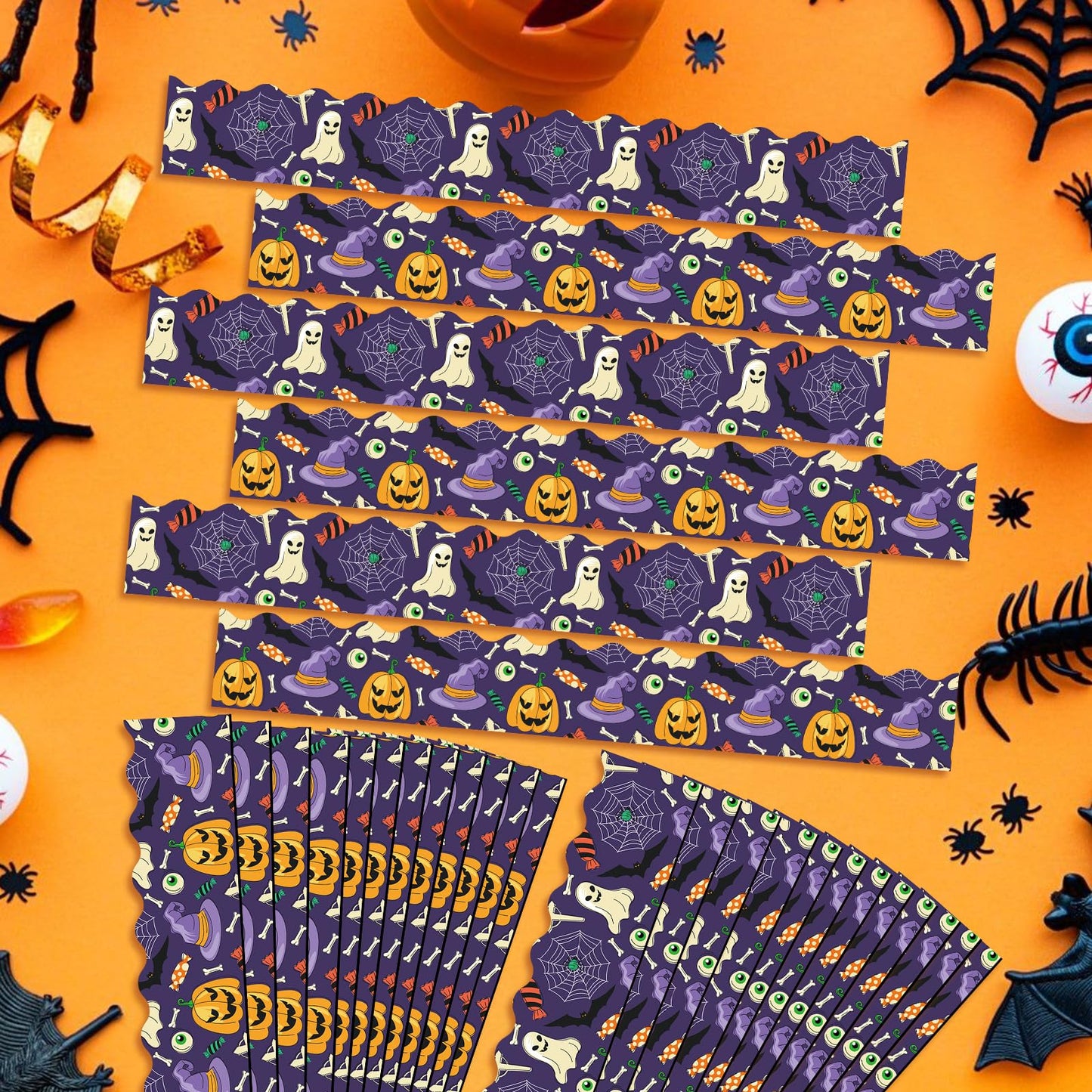 JYNTERPLAY 30Pcs Halloween Magnetic Bulletin Board Borders for Classroom Spooky Pumpkin Ghost Spider Web Bat Purple Border Strips Die Cut for Whiteboard Chalkboard Office Decor