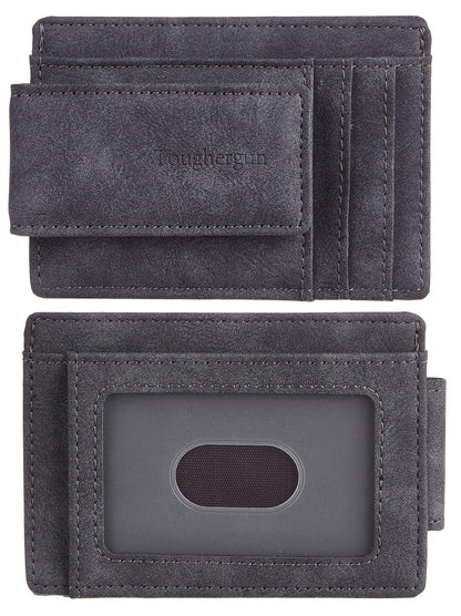 Toughergun Minimalist Wallet for Men with Magnetic Money Clip Leather Slim Wallet, Credit Card Holder RFID Blocking Front Pocket Holds Cash and Cards (Deep Grey)