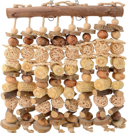 Macaw Toy, Parrot Toys for Large Birds, 14.5 Inch Extra Large Bird Chewing Toy Wall with Natural Wood, Corn Cobs and Rattan Balls, Hanging Foraging Cage Accessories for African Grey, Cockatoos