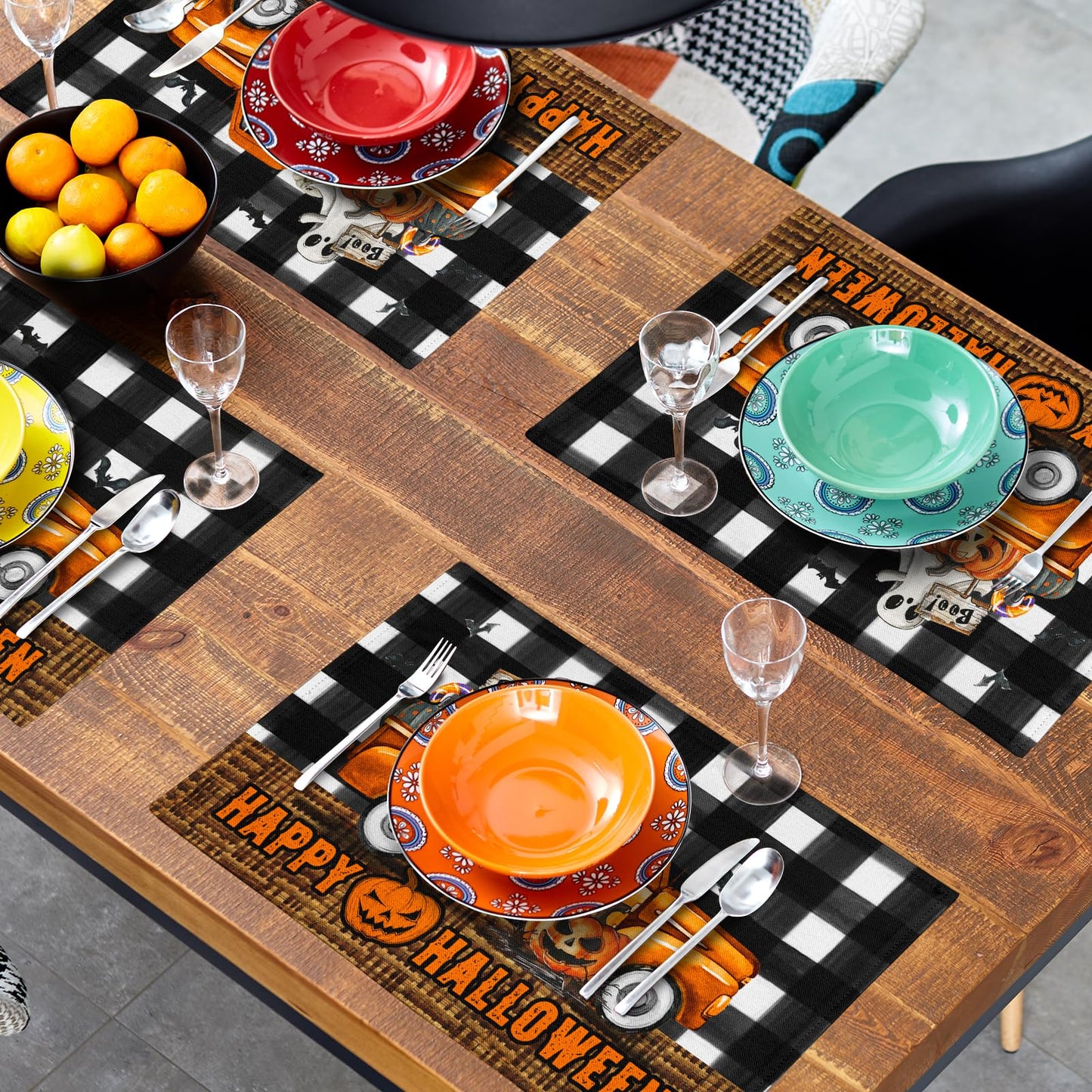 Happy Halloween Placemats Set of 4, 12x18 Inch Pumpkin Ghost Truck Bats Buffalo Plaid Washable Linen Dining Table Place Mats Farmhouse Seasonal Kitchen Dinner Party Holiday Decor