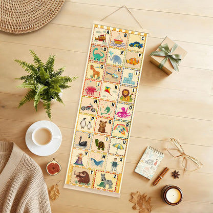 TAEDIN Funny Alphabet Classroom Wall Art Poster Hanger Frame, ABC Learning Educational Wall Art with Wood Frames, Animal Letters Hanging Decor for Kids Toddlers Room Nursery Bedroom, 12x35 Inches