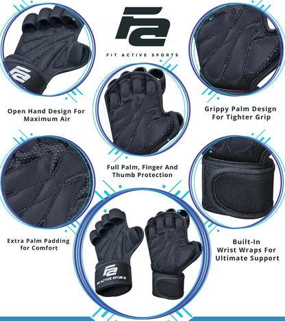 Fit Active Sports New Ventilated Weight Lifting Workout Gloves with Built-in Wrist Wraps for Men and Women - Great for Gym Fitness, Cross Training, Hand Support & Weightlifting.