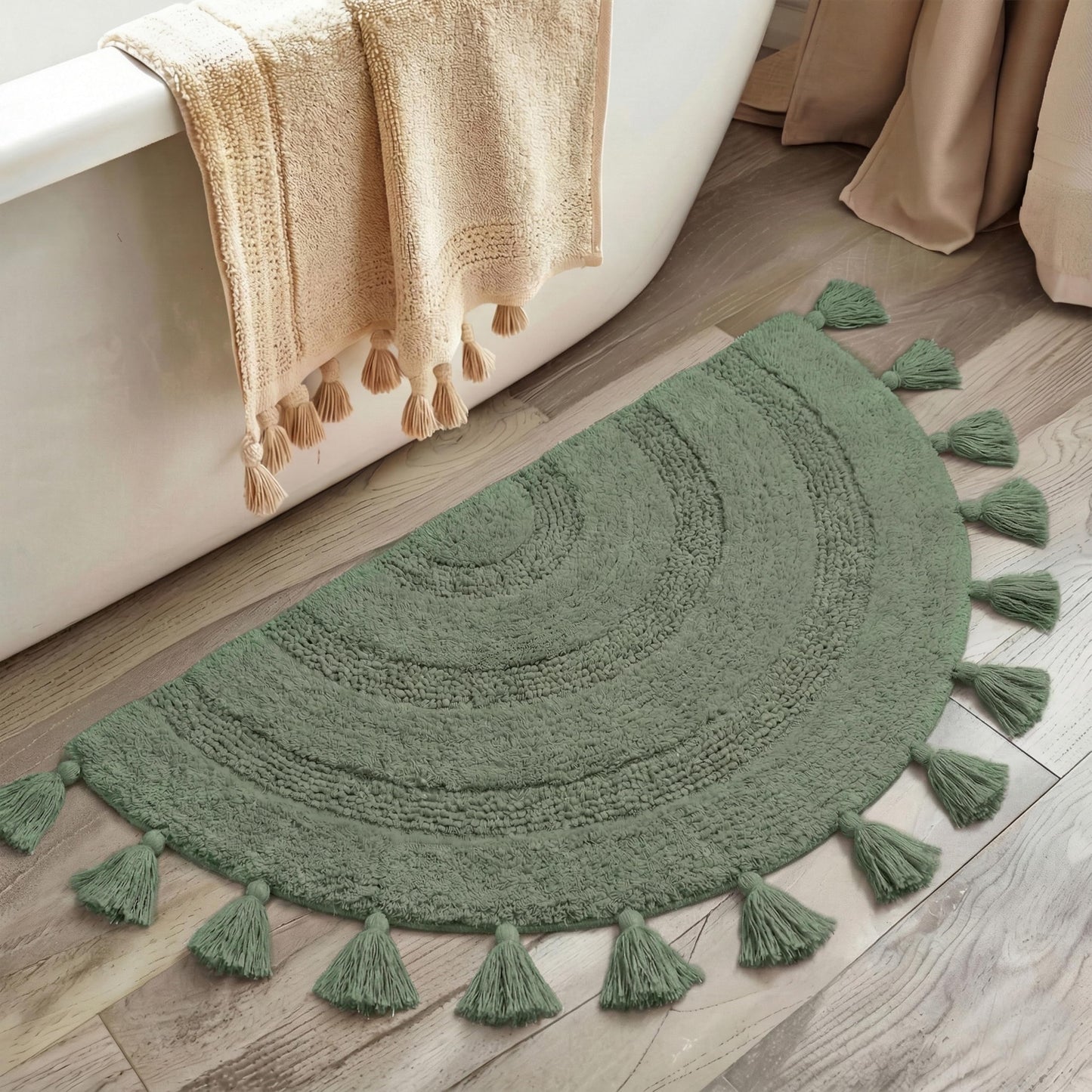 KOEXM Half Circle Boho Bathroom Rugs with Tassels for Bohemian Bedroom Soft Half Circle Rug Handcrafted Crochet Cotton Non Slip Absorbent Washable Rug Cute Bath Mats for Boho Bathroom Decor 32"x20"