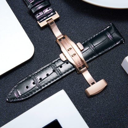 BINLUN Leather Watch Strap, Quick Release Genuine Leather Replacement Watch Band with Butterfly Deployment Buckle for Men and Women, 12mm-24mm(Black-Rose Gold,18mm)